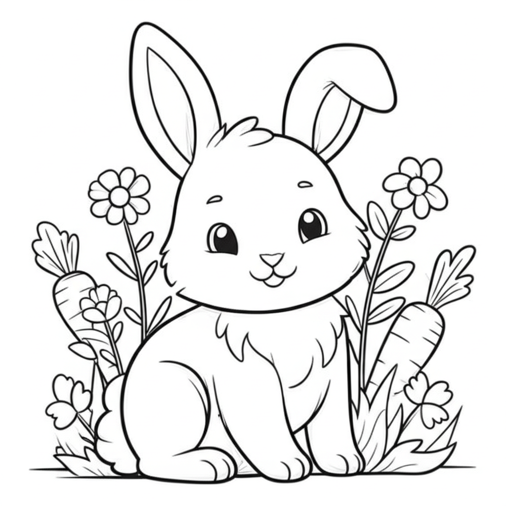 A friendly bunny outlined for coloring with simple flowers, carrots, and grass