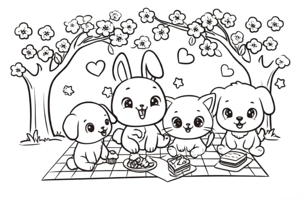 Black and white coloring page of cute kawaii-style animals having a picnic under a cherry blossom tree