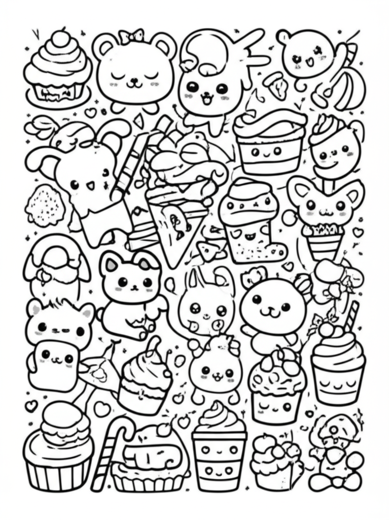 Black-and-white kawaii line art featuring cute animals, desserts, and playful characters for coloring