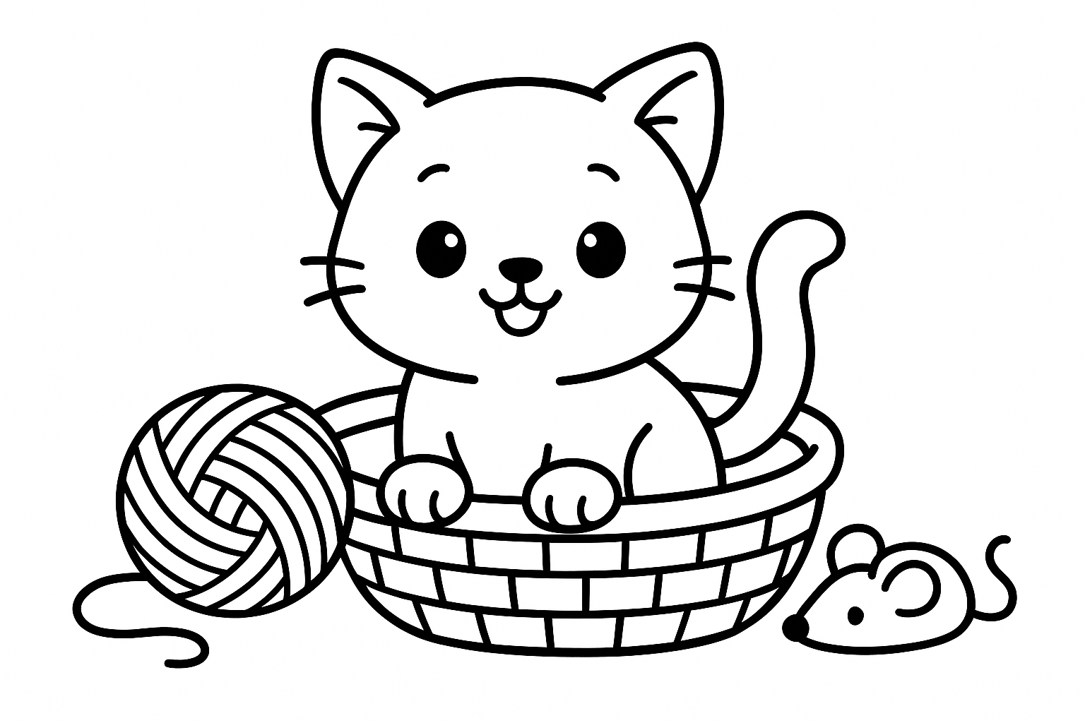 A simple outline illustration of a cute kitten with a yarn ball, mouse toy, and basket for coloring