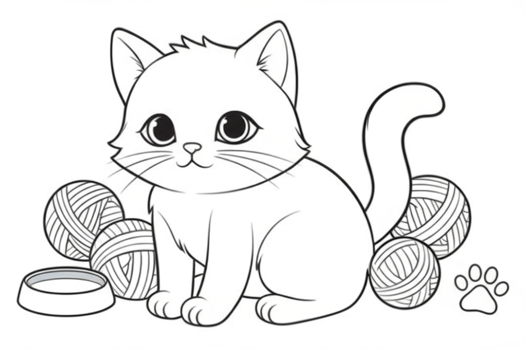 Line art of a cute kitten sitting with yarn balls, a paw print, and a small bowl for coloring