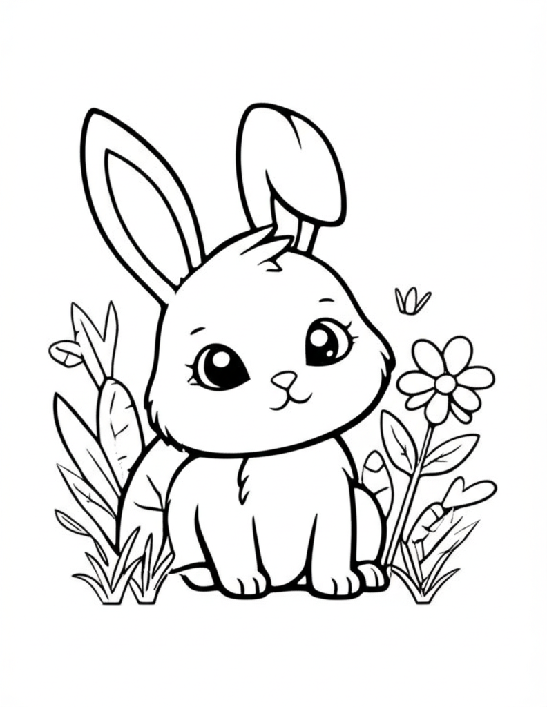 Outline drawing of a cute bunny surrounded by carrots, flowers, and grass for kids to color