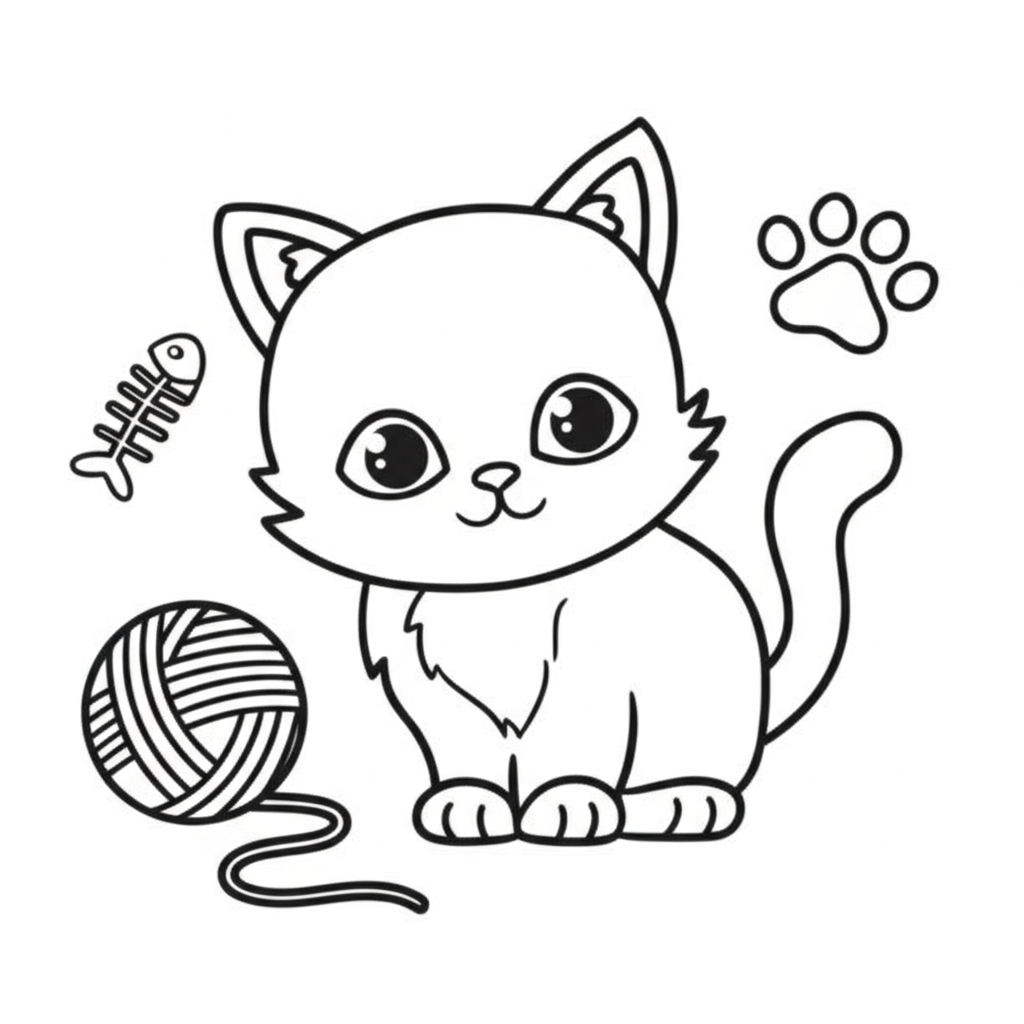 Line art of a playful kitten with yarn ball, fishbone, and paw print for coloring