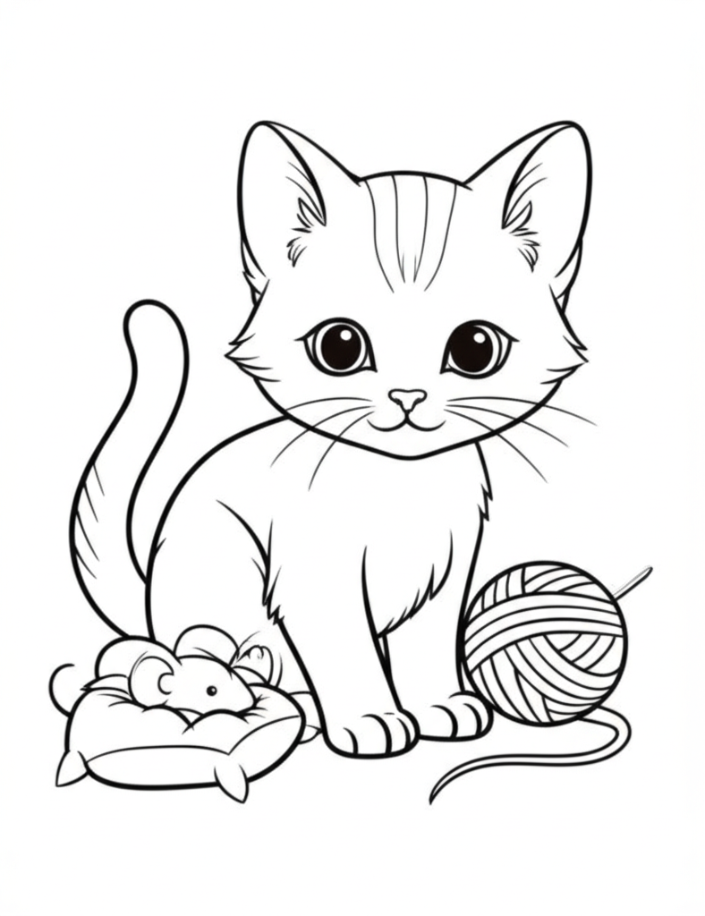 Black-and-white cartoon kitten coloring page with simple outlines, yarn ball, mouse toy, and cushion