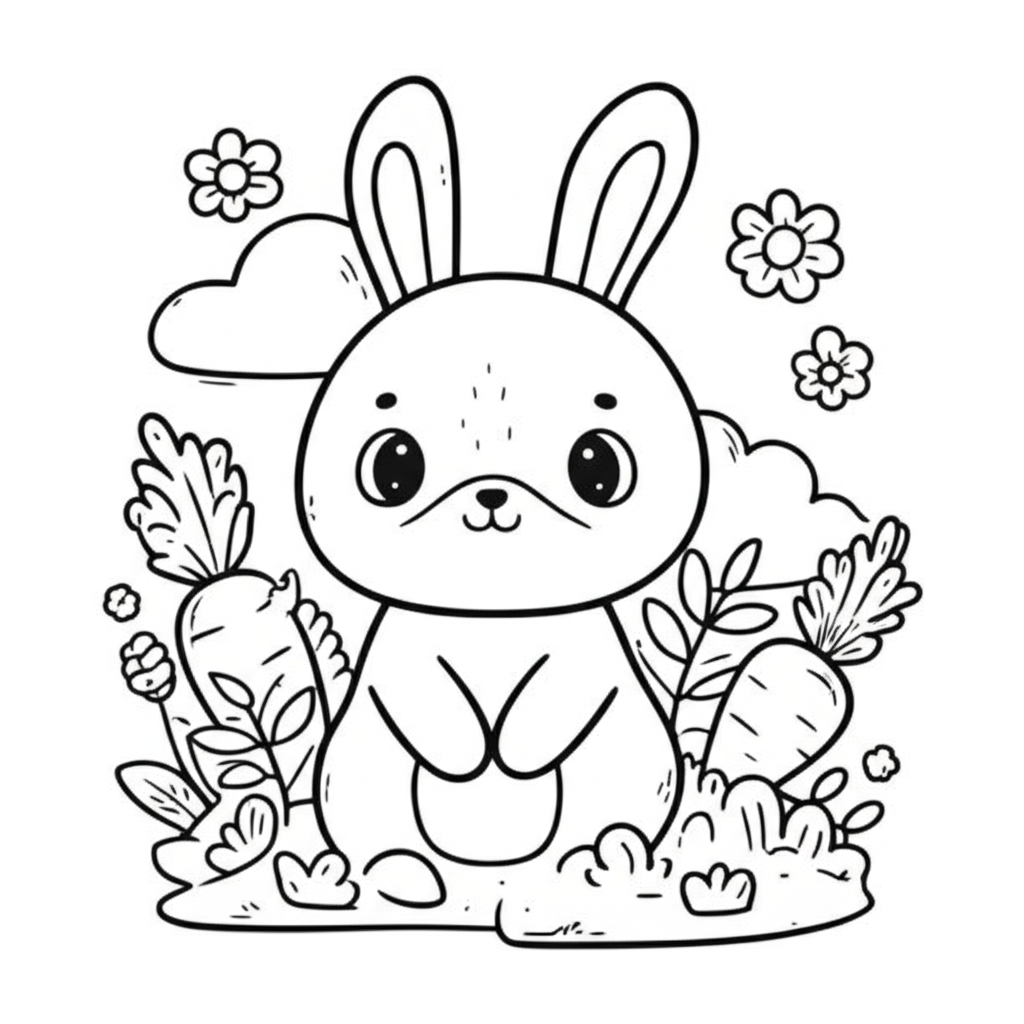 A charming line art illustration of a cute bunny surrounded by carrots, flowers, and a soft cloud background, perfect for coloring