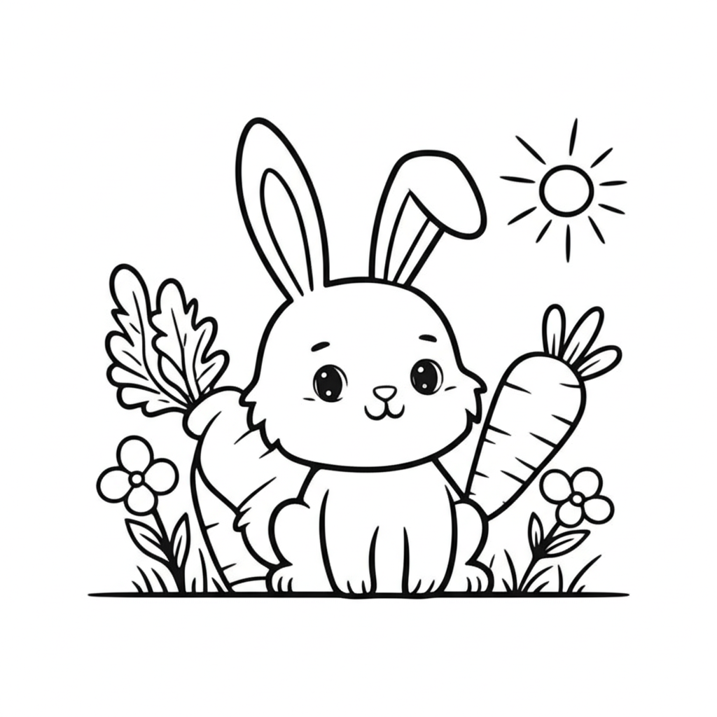 Line art of a cute bunny with carrots, flowers, and a sunny meadow for coloring
