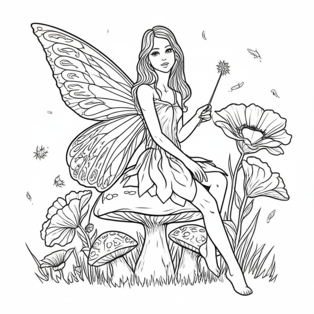 Line art coloring page of a delicate fairy with intricate wings sitting on a mushroom in a magical forest surrounded by flowers and fireflies