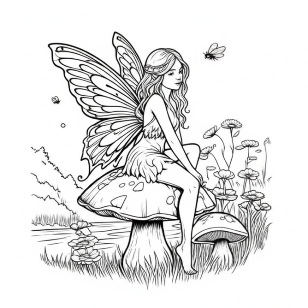 Black and white coloring page of a delicate fairy with detailed wings sitting on a mushroom, surrounded by tiny flowers and fireflies