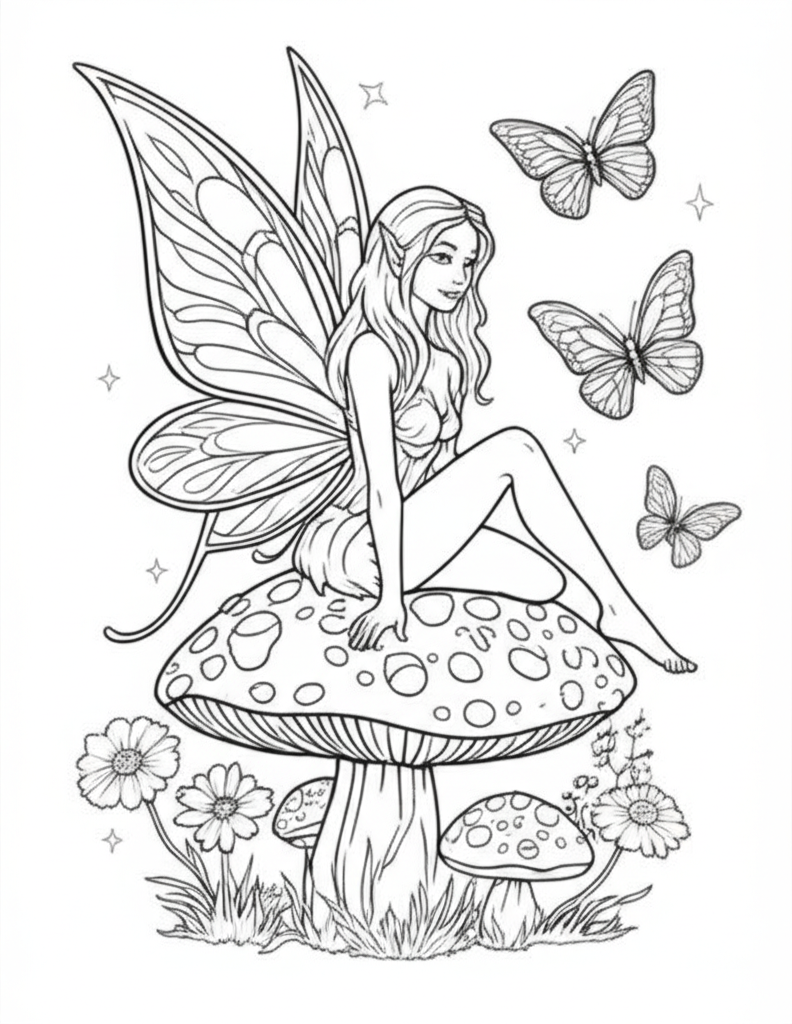 Intricate line art of a fairy on a mushroom with detailed wings and butterflies
