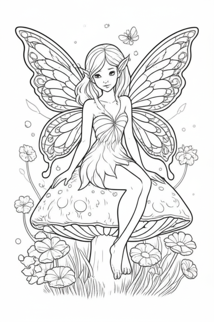 A detailed line art of a delicate fairy with intricate wings sitting on a large mushroom surrounded by tiny flowers and glowing fireflies in a magical forest, perfect for coloring