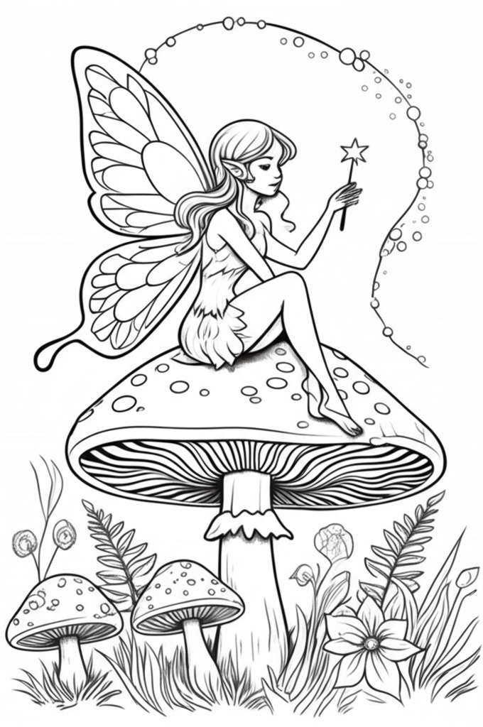Line art of a delicate fairy with butterfly-like wings sitting on a large mushroom in an enchanted forest, surrounded by flowers and ferns