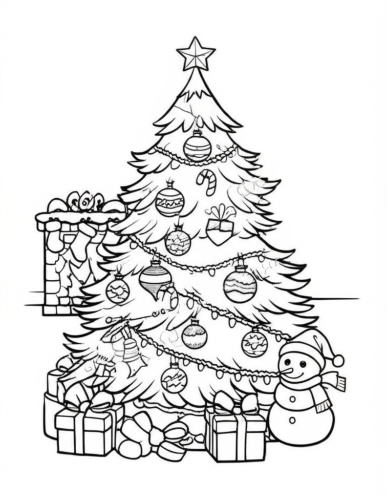 Black-and-white Christmas coloring page featuring a decorated tree, ornaments, presents, and a cozy fireplace