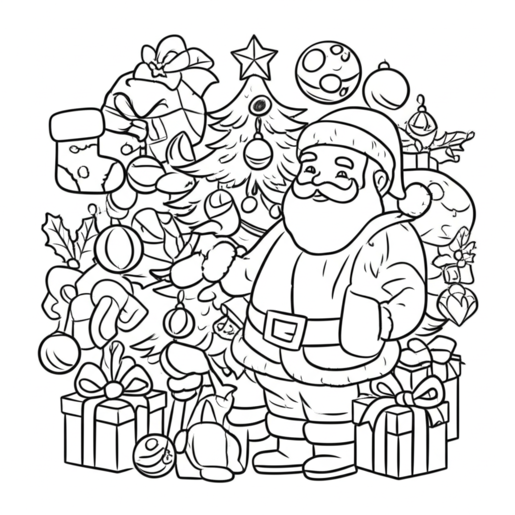 Black-and-white Christmas coloring page featuring a decorated tree, presents, ornaments, stockings, and Santa Claus