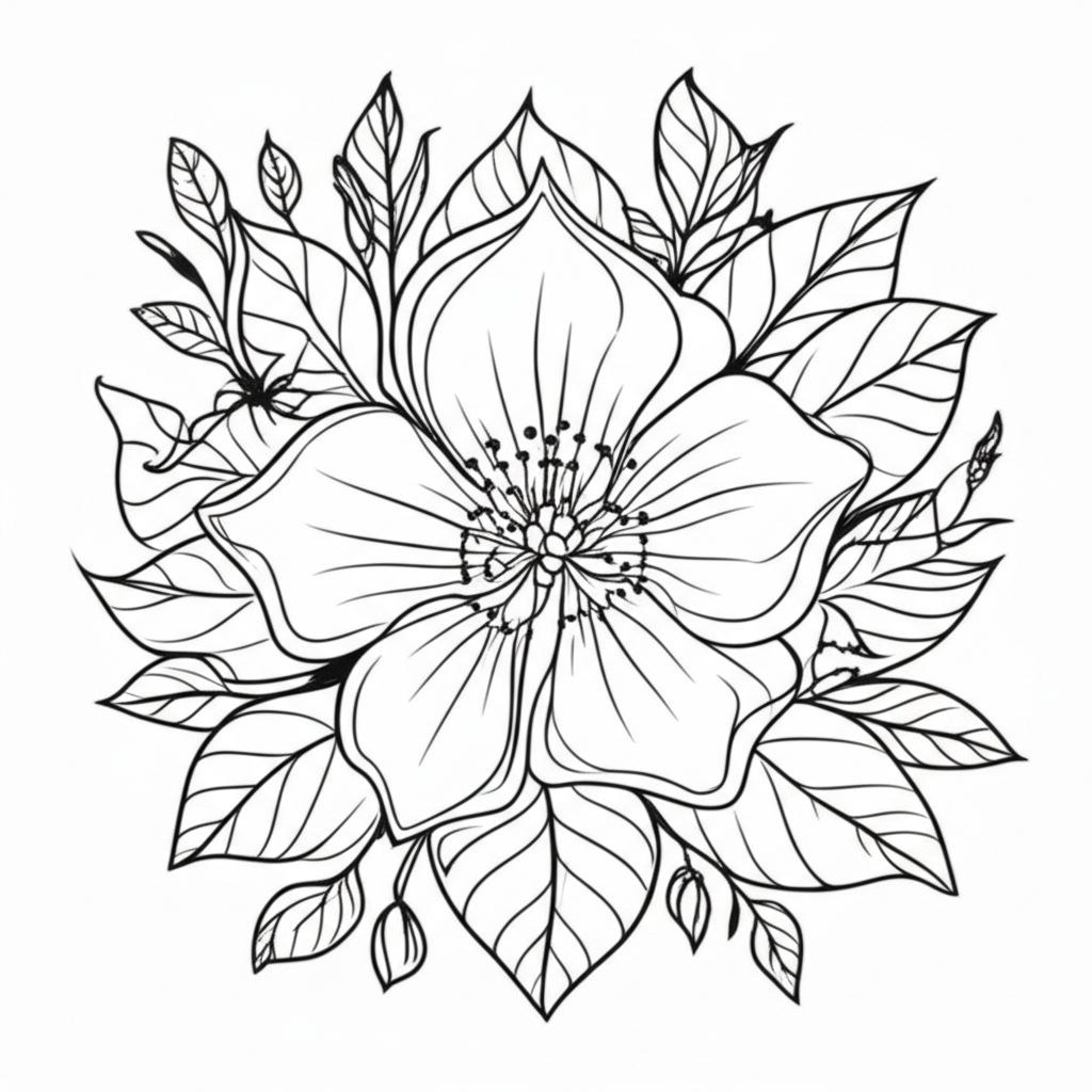 Black-and-white floral coloring page featuring a detailed blooming flower with leaves, stem, and a small butterfly