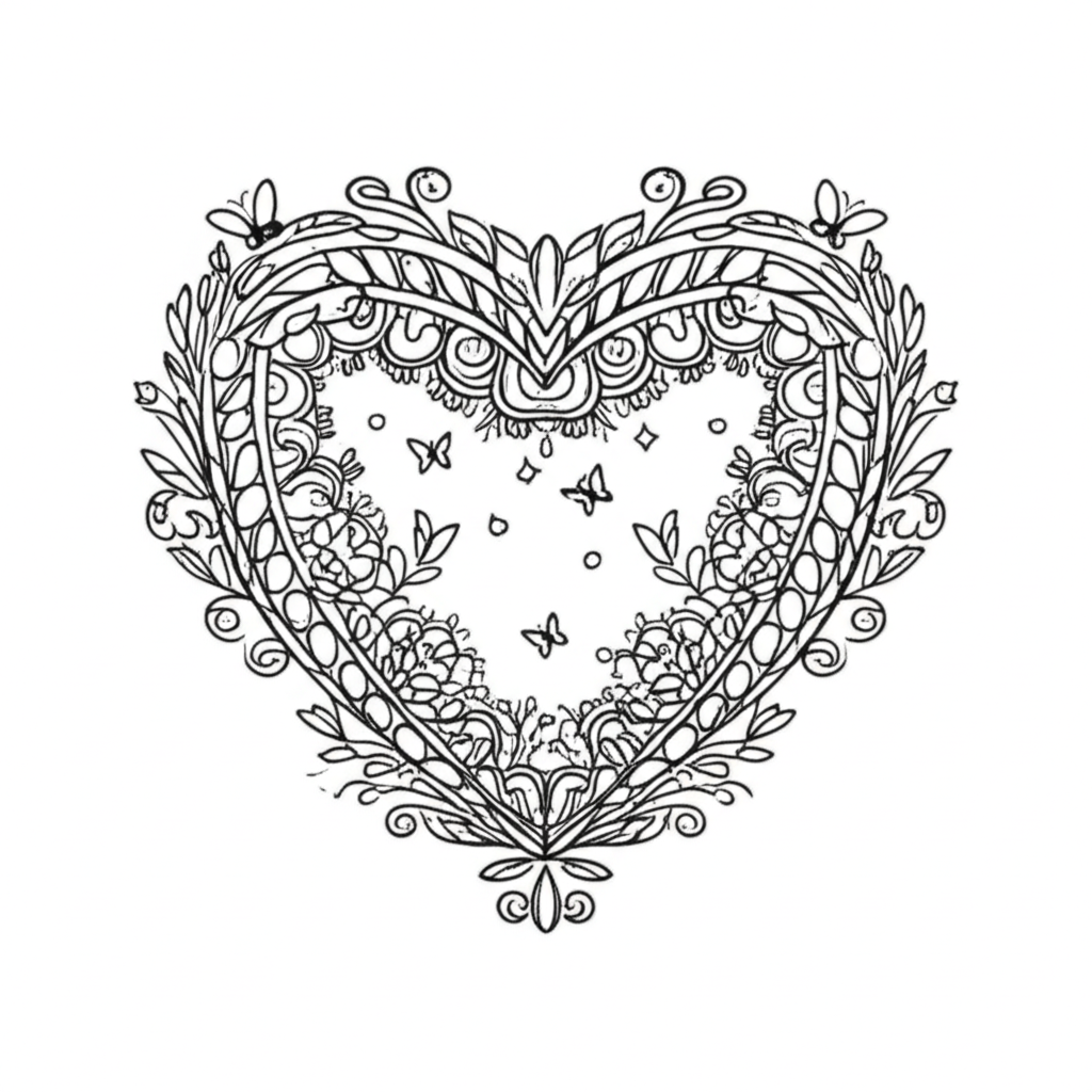 Black and white detailed heart surrounded by floral patterns, vines, butterflies, and stars for adult coloring