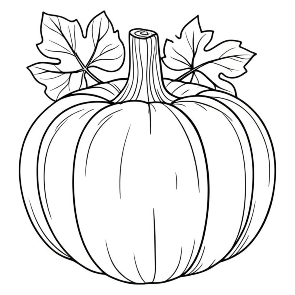 Black outline drawing of a pumpkin with vines, leaves, and rustic background for coloring