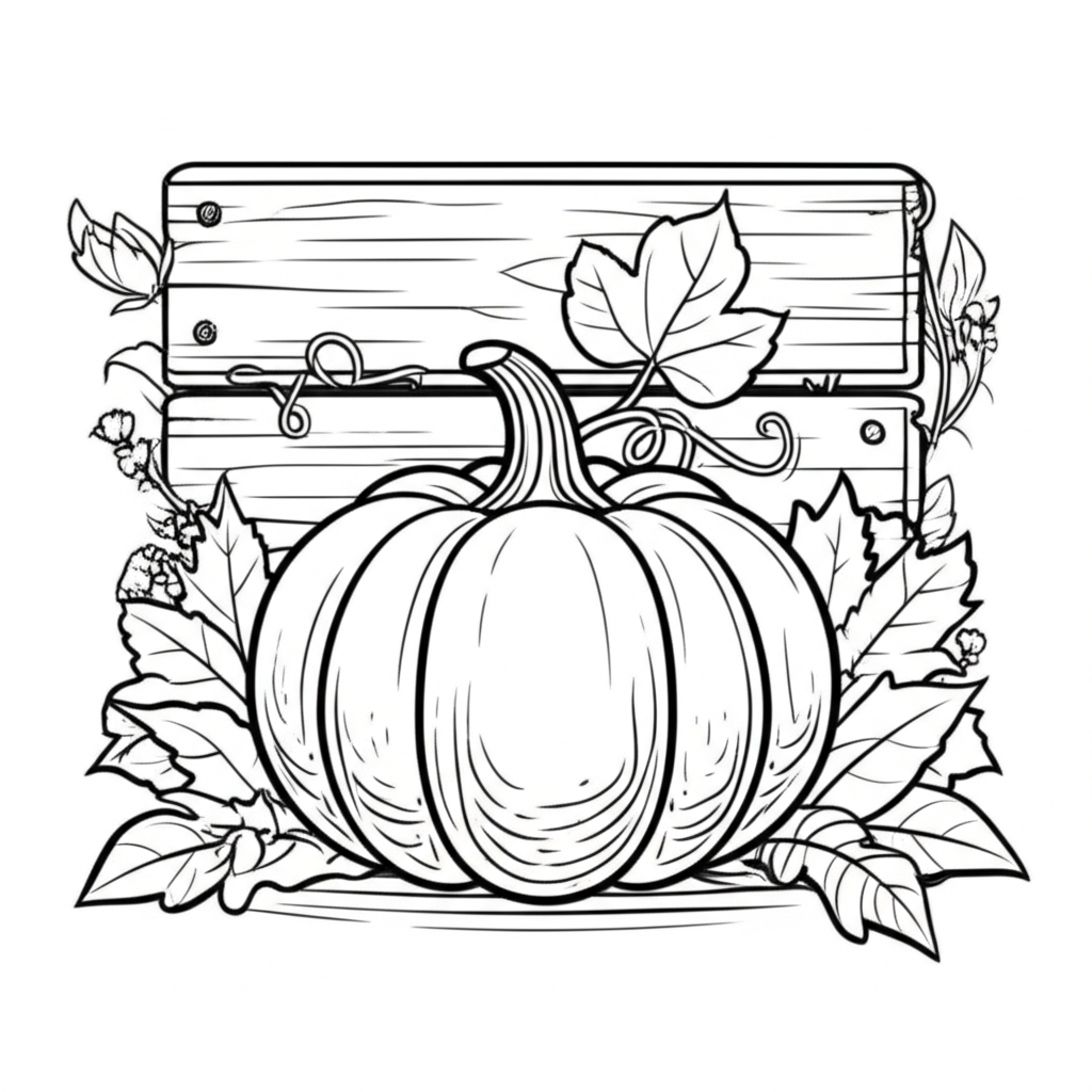 A black-and-white coloring page featuring a detailed pumpkin surrounded by autumn leaves, vines, and a rustic wooden sign on a pure white background
