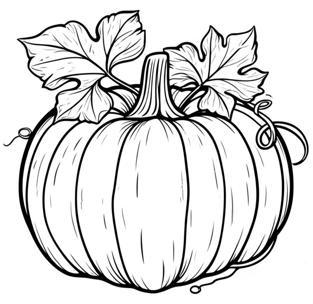 Black-and-white coloring page featuring a detailed pumpkin with vines, leaves, and rustic pattern