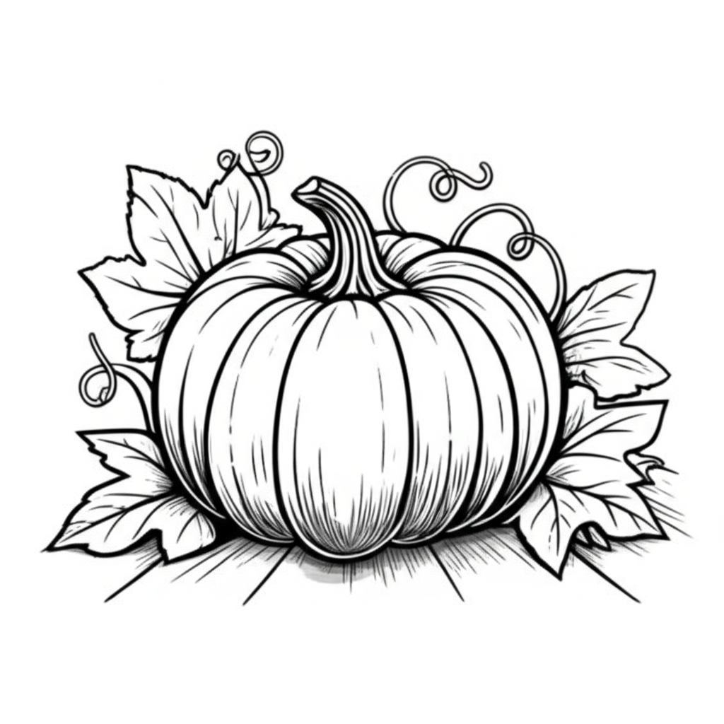 Black-and-white detailed pumpkin illustration with vines, leaves, and a rustic wooden table for coloring