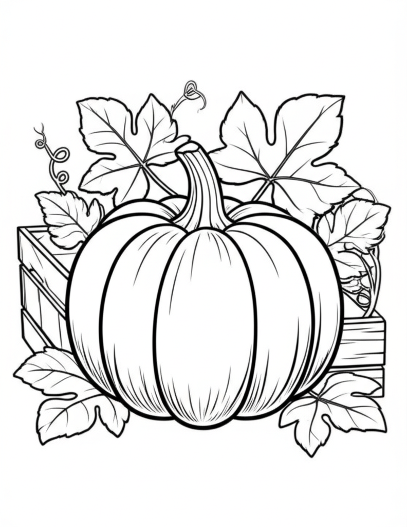 Line art of a pumpkin with detailed vines and leaves on a rustic wooden crate for coloring