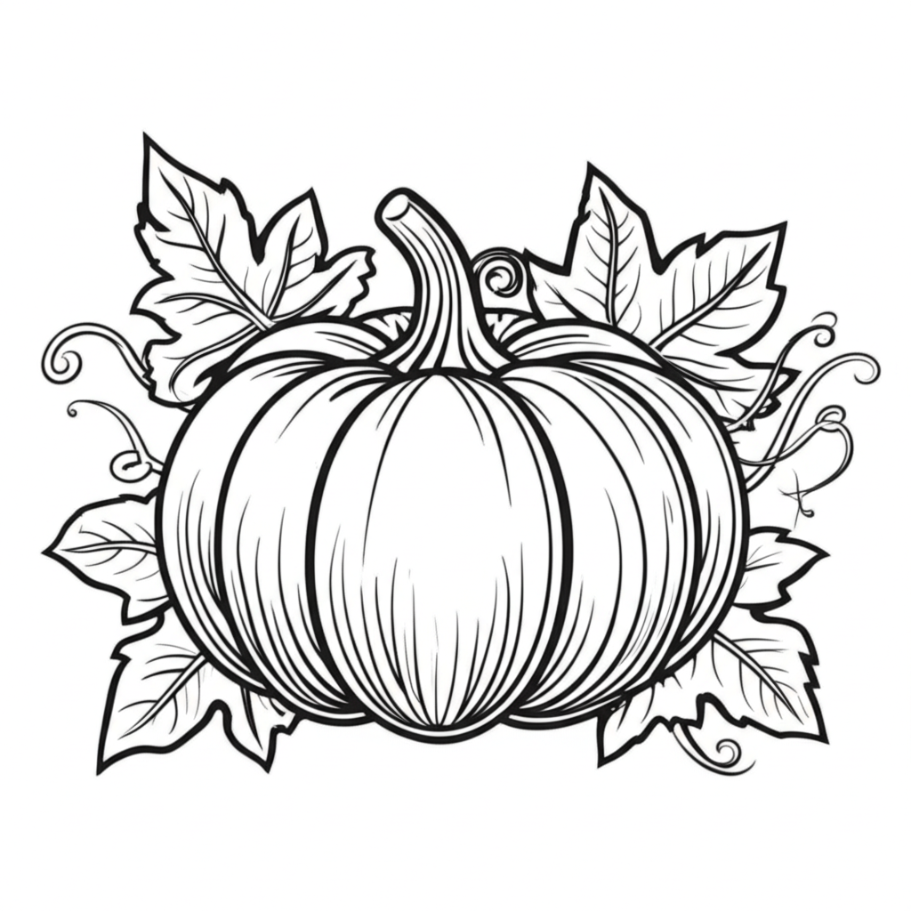 Black-and-white detailed pumpkin drawing with vines, leaves, and a decorative background for coloring