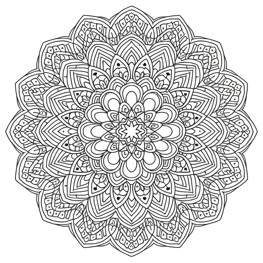 Black and white intricate mandala with geometric and floral patterns for mindfulness coloring