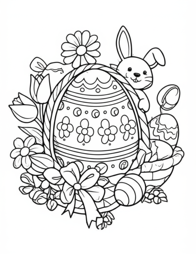 Black-and-white line art of Easter with a decorated egg, bunny, chicks, and flowers for coloring