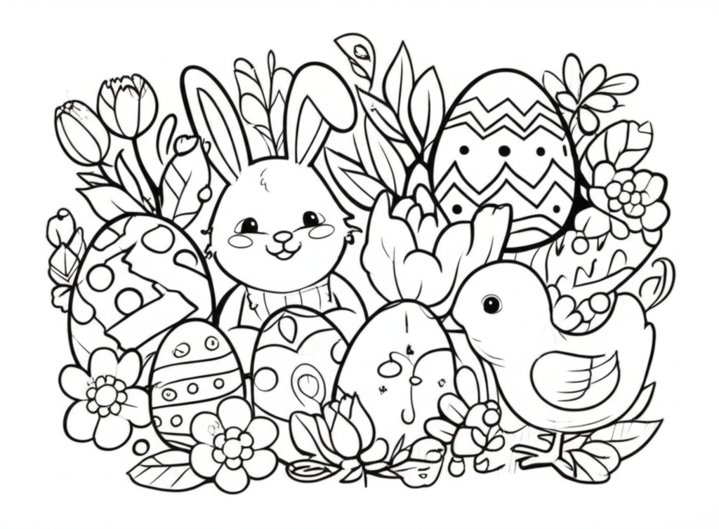 Black-and-white Easter coloring page featuring eggs, bunnies, chicks, and flowers with playful patterns