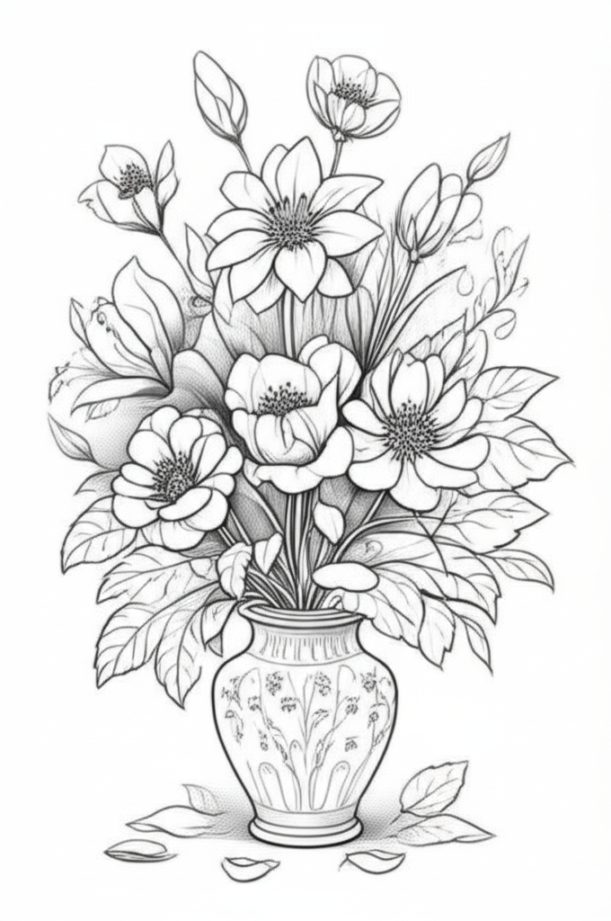 Black and white line art coloring page of a detailed bouquet of assorted flowers in a vase with blooming buds and scattered petals