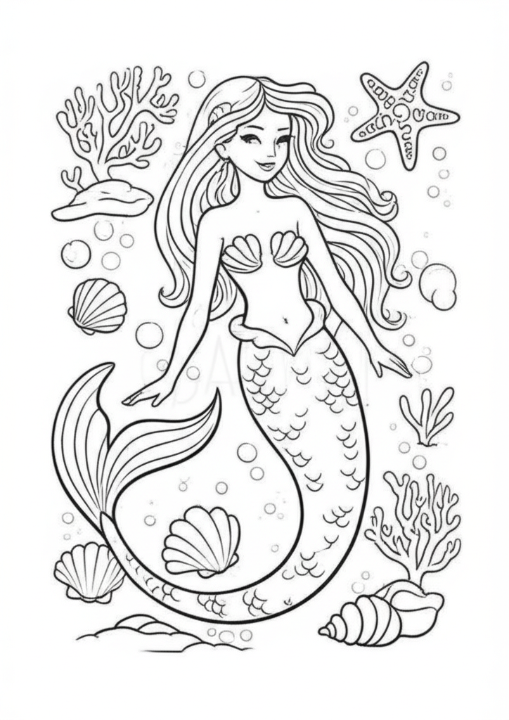 Black-and-white line art of a detailed mermaid with flowing hair, scales, and underwater elements like seashells and coral for coloring