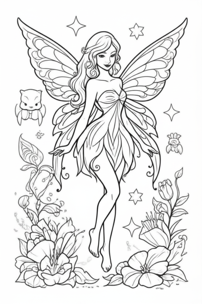 Black-and-white coloring page of an elegant fairy with detailed wings, flowing hair, and a magical aura, surrounded by whimsical flowers, stars, and enchanted creatures