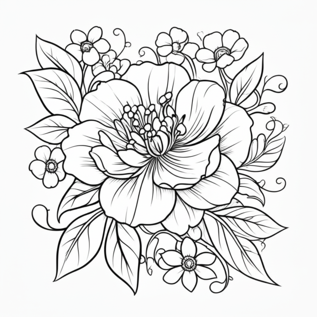A detailed and elegant flower with leaves and vines for coloring