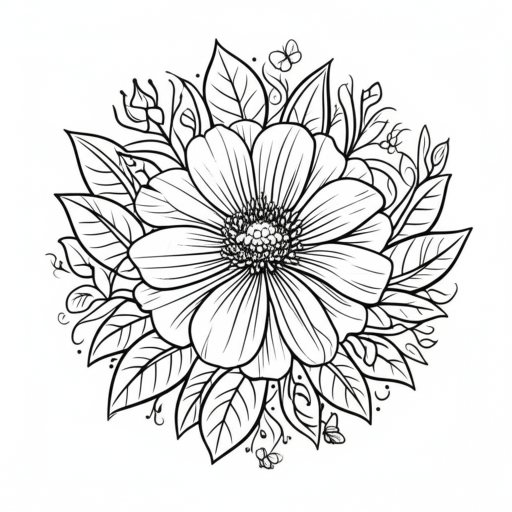 Black and white coloring page featuring a beautiful flower with leaves, vines, and small butterflies
