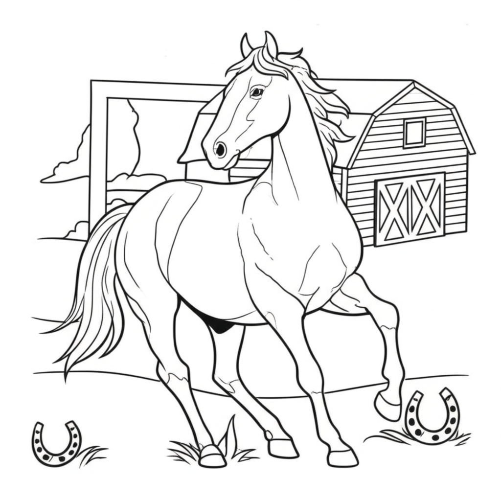A detailed black-and-white outline coloring page featuring an elegant horse in a dynamic pose, surrounded by a meadow, barn, and horseshoes.