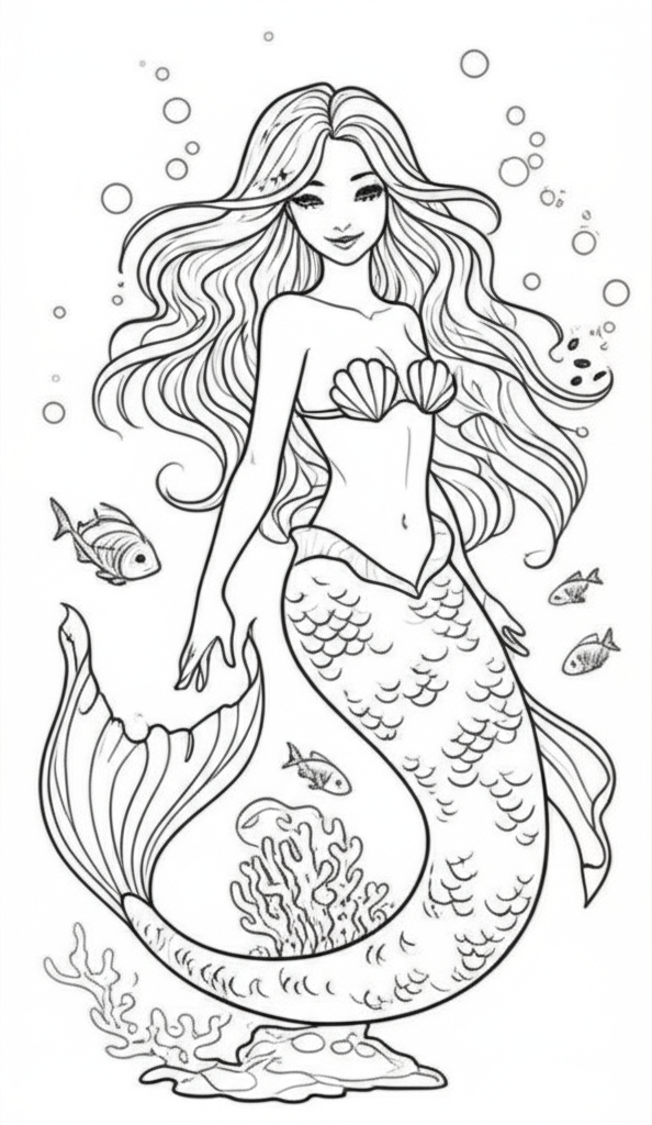Black-and-white detailed mermaid coloring page with coral, bubbles, and fish for kids and adults