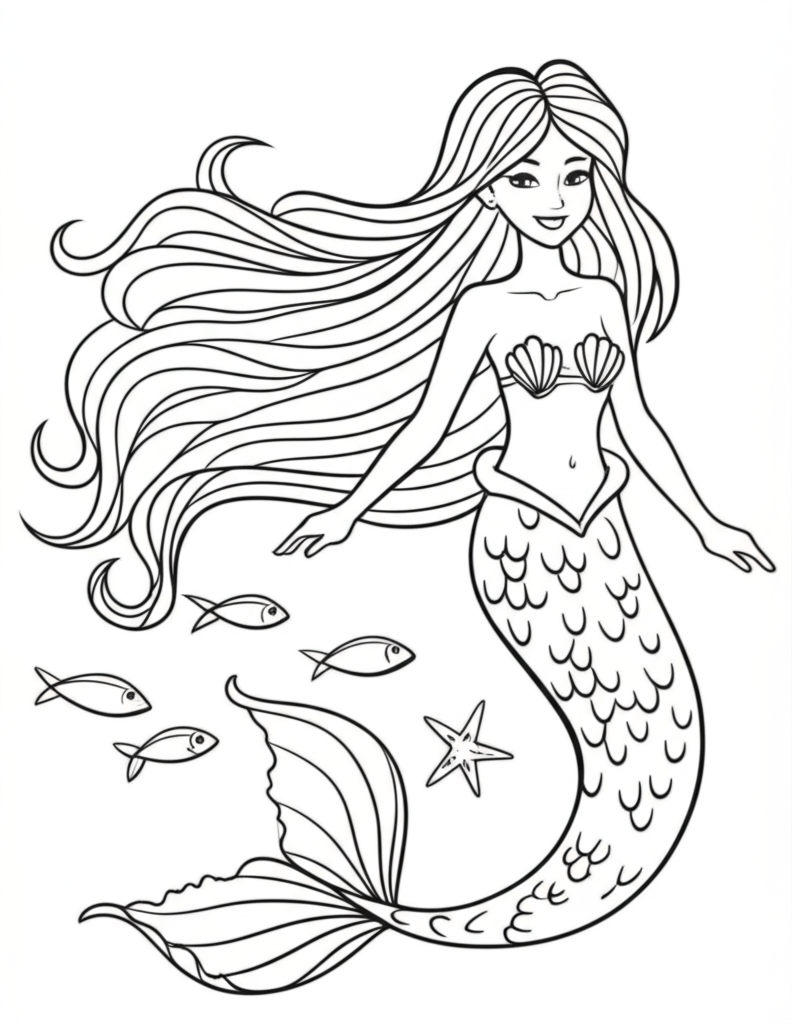 Line art illustration of a mermaid with seashells, coral, and waves for coloring