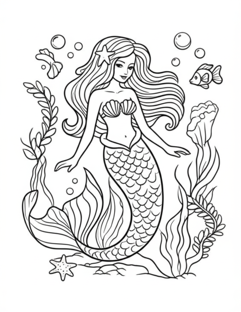 Illustration of an elegant mermaid with detailed scales and flowing hair, surrounded by underwater plants, bubbles, and small sea creatures like fish and starfish