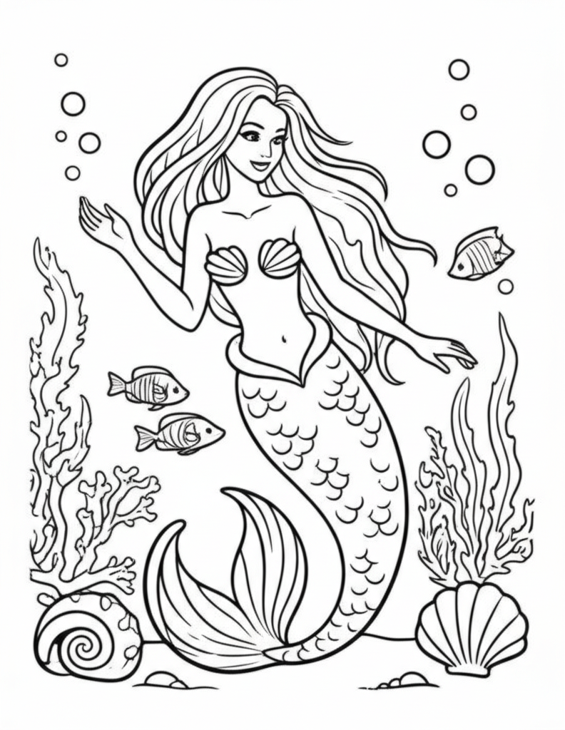 Black-and-white line art coloring page of an elegant mermaid with flowing hair, intricate scales, surrounded by seashells, coral, bubbles, and small fish