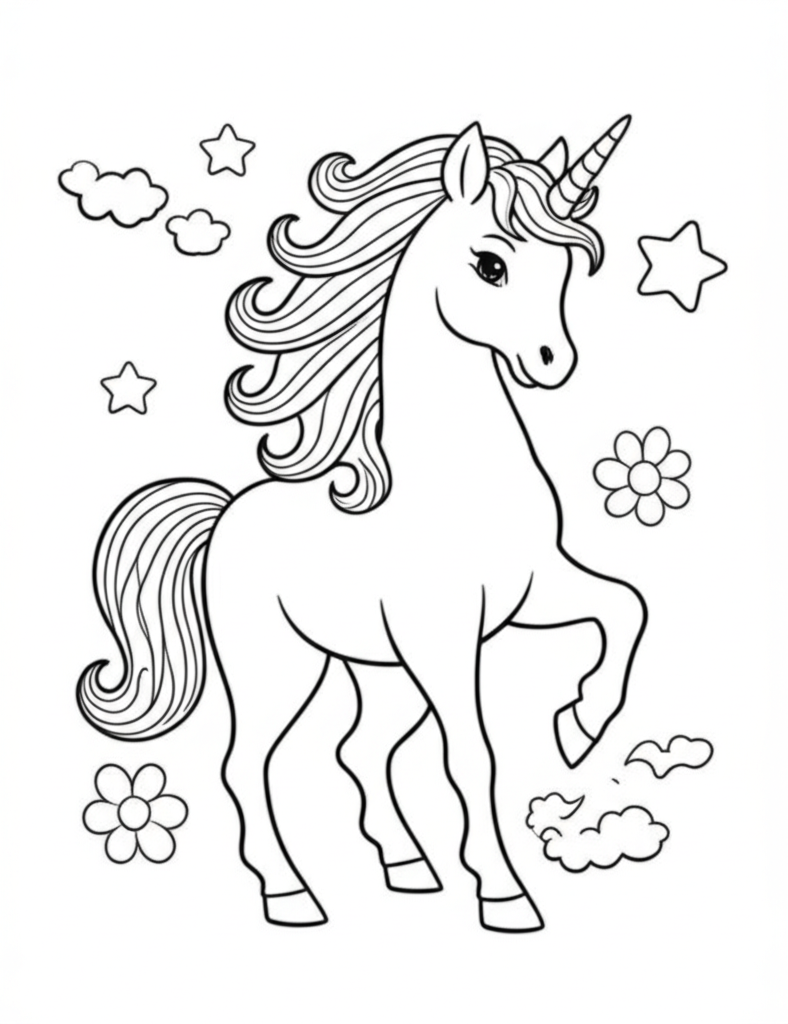 Black and white coloring page featuring an elegant unicorn with a flowing mane, spiral horn, stars, clouds, and flowers
