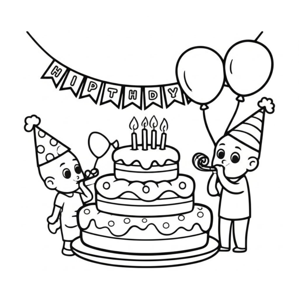 Black and white coloring page of a festive birthday scene with a layered cake, balloons, party hats, and a cheerful character