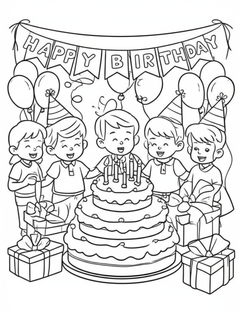Black and white cartoon illustration of a festive birthday party with cake, balloons, and happy children