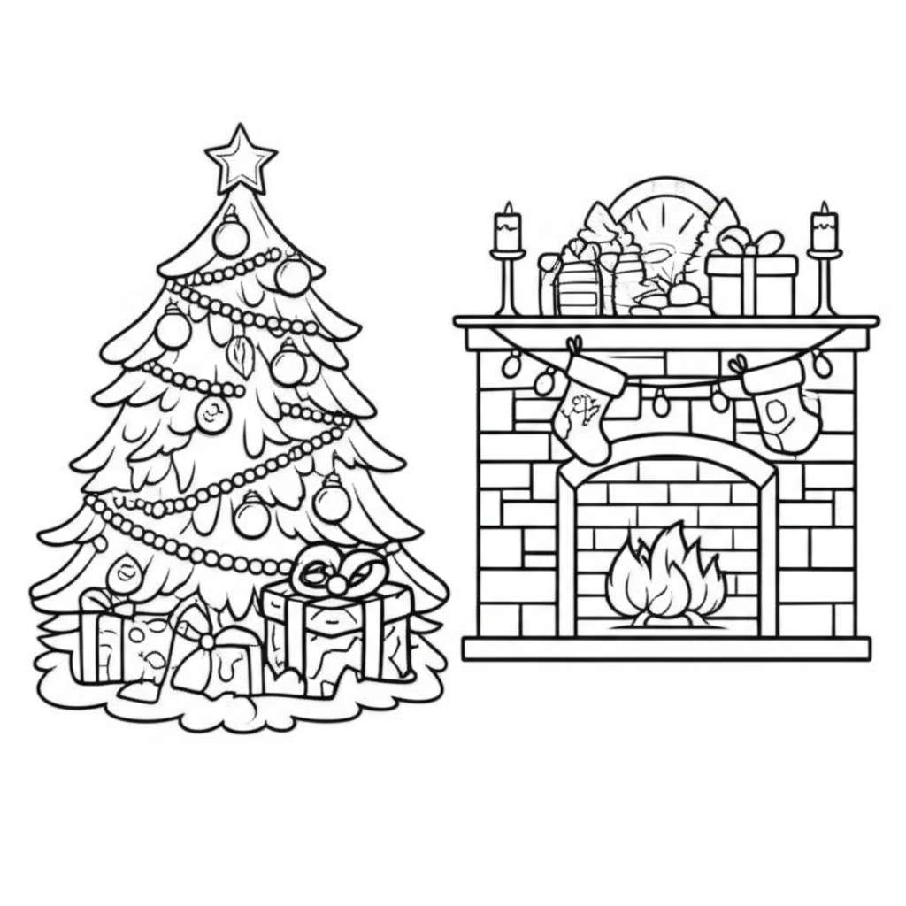 Black and white Christmas coloring page featuring a decorated tree, ornaments, presents, snowflakes, and a fireplace