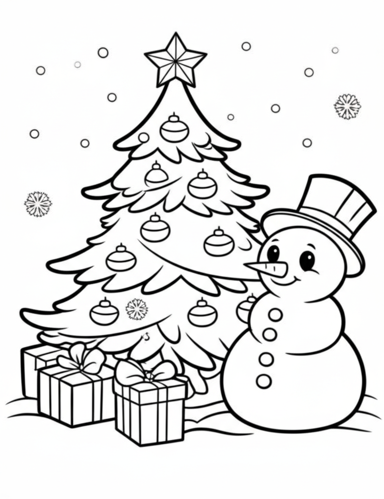 Black and white cartoon Christmas coloring page featuring a decorated tree, presents, snowman, and snowflakes