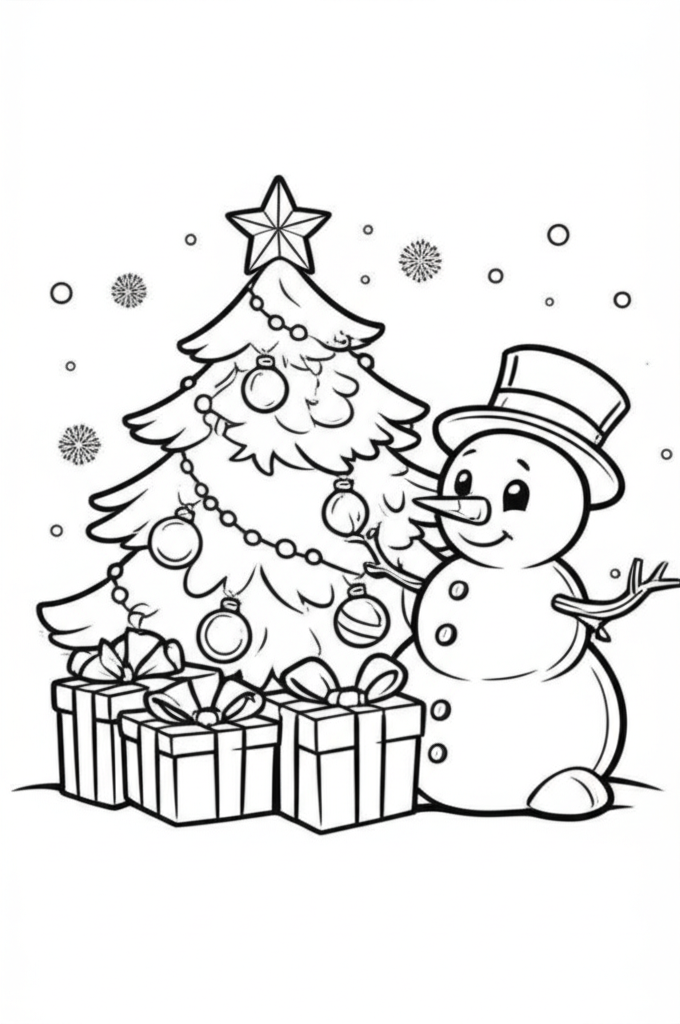 Black and white coloring page of a festive Christmas scene with a decorated tree, presents, a cheerful snowman, and snowflakes
