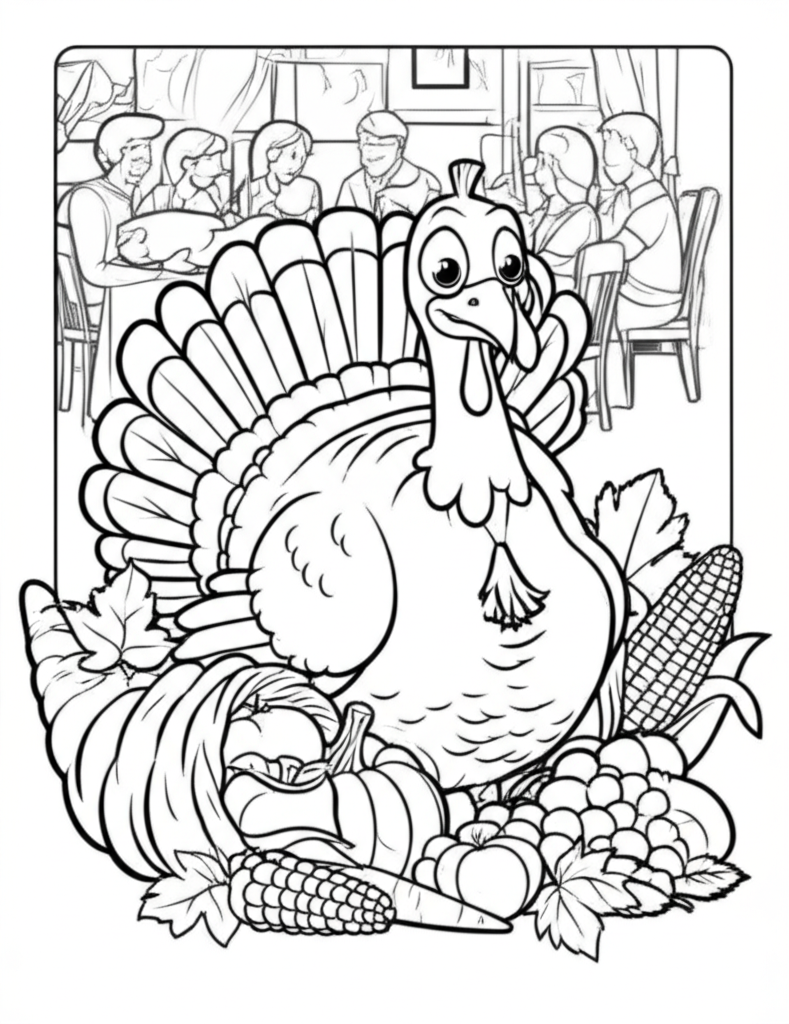 Black and white Thanksgiving coloring page featuring a turkey, cornucopia, and family dinner