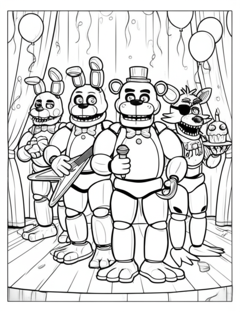 Black and white line art coloring page featuring Freddy Fazbear, Bonnie, Chica, and Foxy on a dimly lit stage with party decorations