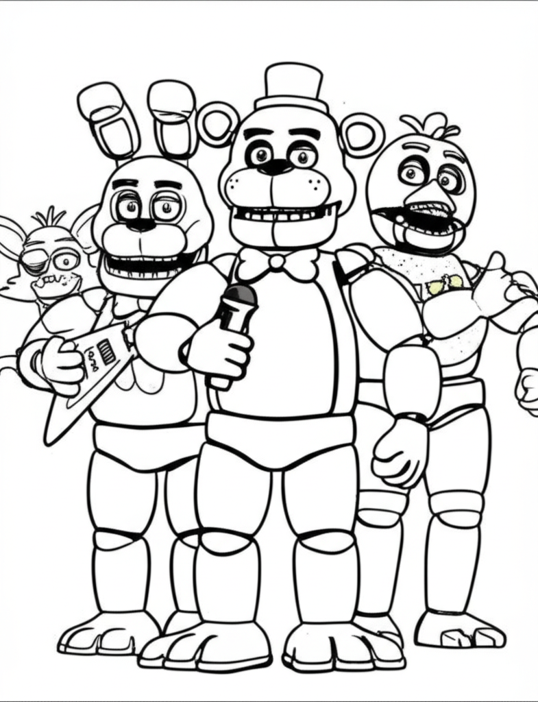 Black-and-white line art coloring page featuring Five Nights at Freddy's animatronics like Freddy Fazbear, Bonnie, Chica, and Foxy with intricate details