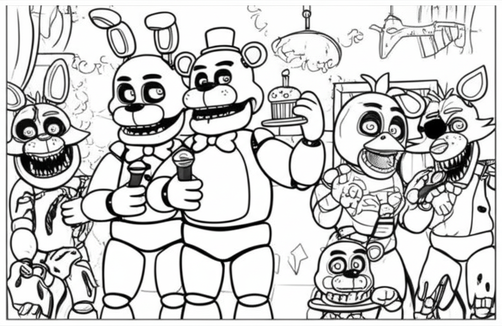 Black-and-white line art of Freddy Fazbear, Bonnie, Chica, and Foxy from Five Nights at Freddy's for coloring