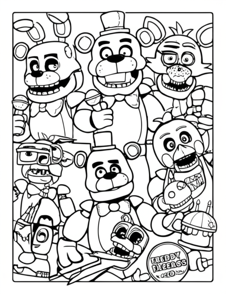 Black-and-white line art of Freddy Fazbear, Bonnie, Chica, and Foxy in a cartoonish style with security cameras and pizza logo