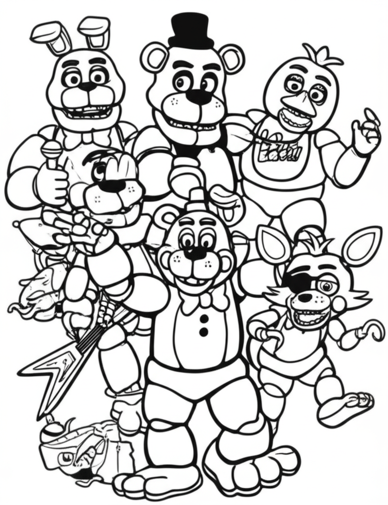 Black-and-white printable coloring page featuring Freddy Fazbear, Bonnie, Chica, and Foxy from Five Nights at Freddy's in playful poses with security office elements